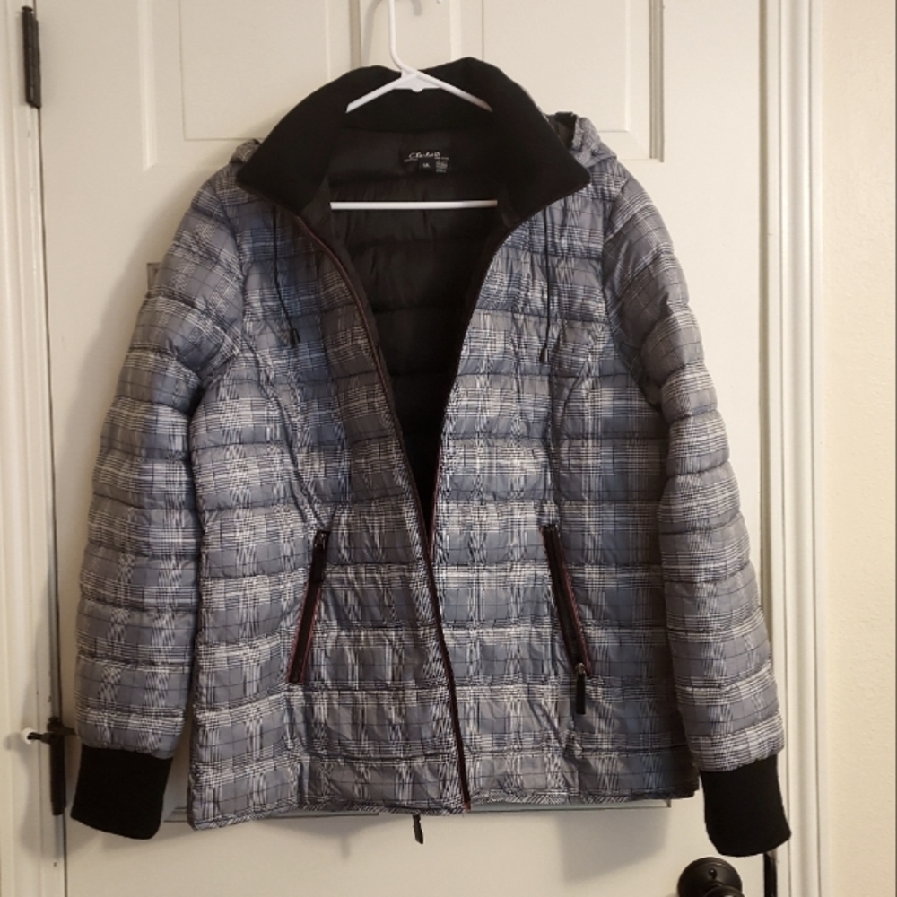 Charlie brand puffer jacket, black and white plaid with removable hood.